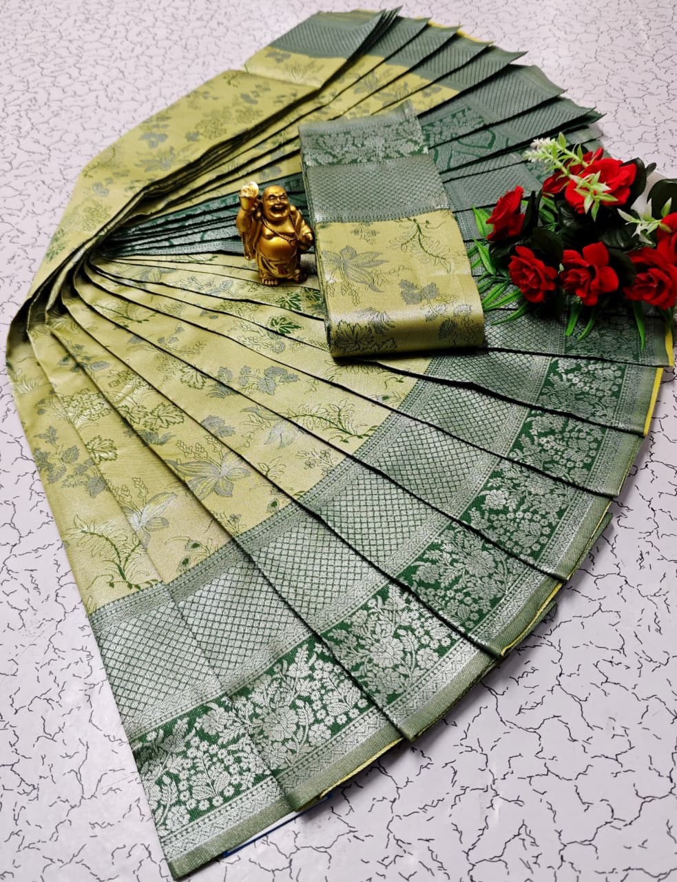 Parrot Green & Grey Contrast Border Saree